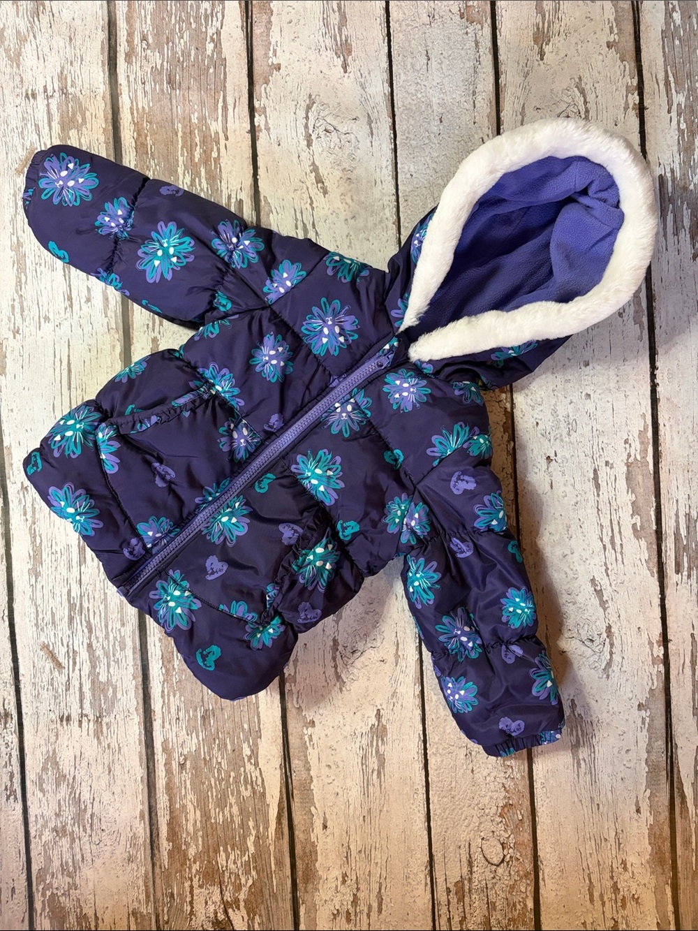 London Fog - Toddler Purple Floral Puffer Jacket with Faux Fur Hood - Sz 3T